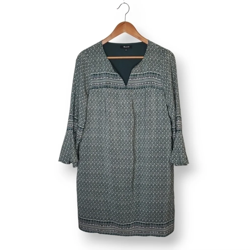 MADEWELL Starland Cobalt Green 100% Silk Bell-Sleeve Dress Size S - Picture 2 of 13